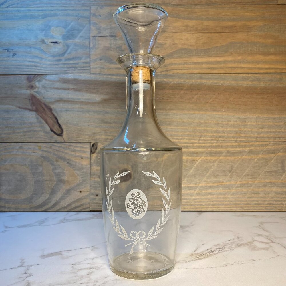 Clear Glass Decanter Etched Roses Laurel Wreath Bow Design with Corked Stopper